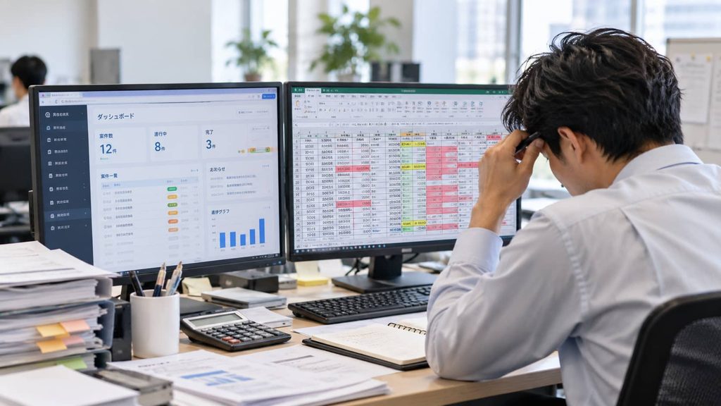 既製品の業務システムとエクセルを併用して作業する日本企業の担当者
