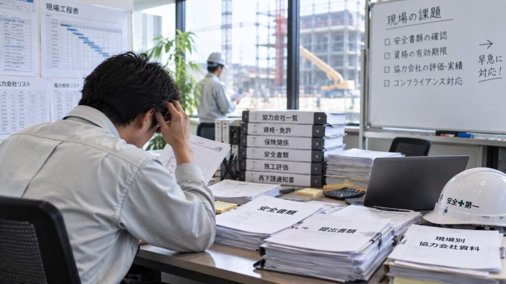 建設会社で紙やExcelによる協力会社管理に追われ、安全書類や資格期限、施工実績の確認に負担がかかっている様子