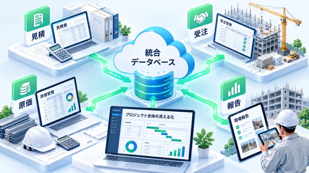 建設業の見積・受注・原価・現場報告を統合データベースで一元管理するシステムのイメージ