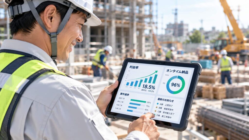 建設現場でタブレットを使い、利益率や案件進捗を確認する現場監督