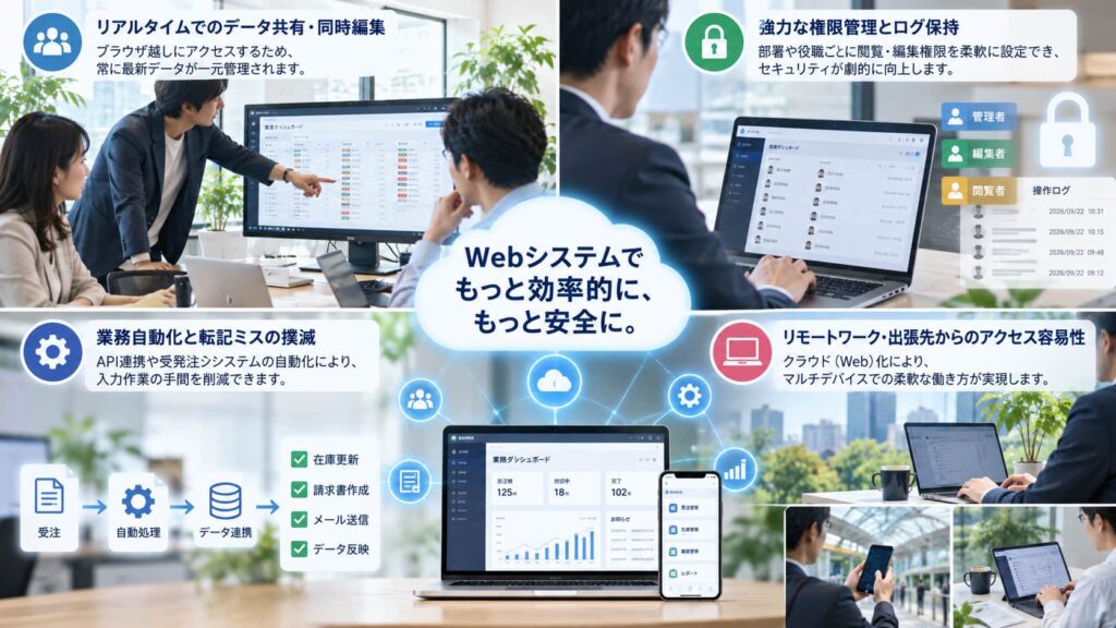 Webシステム移行によるデータ共有・権限管理・業務自動化・リモートアクセスのイメージ