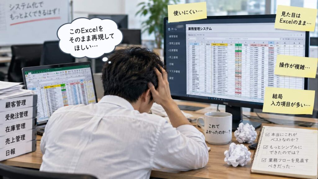 既存のExcelをそのままWebシステムに再現し、操作が複雑になって困っている様子
