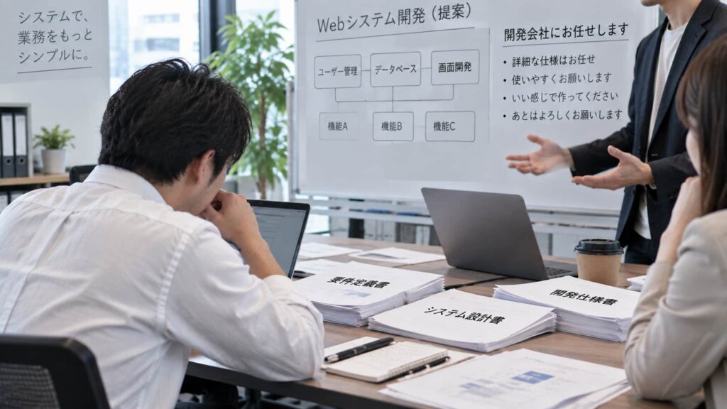 Webシステム開発の要件整理を十分に行わず、開発会社に任せきりにしている打ち合わせの様子