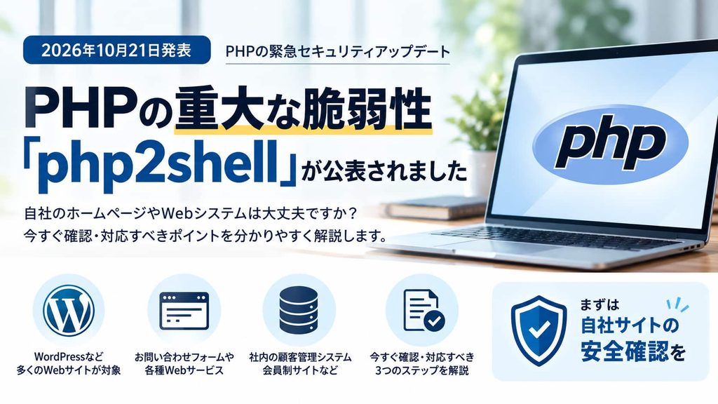2026年10月21日発表のPHP重大脆弱性「php2shell」と、WordPressなどのWebサイトで必要なセキュリティ対策を解説する画像